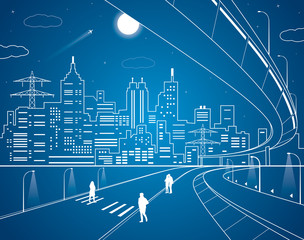 Neon city, lines town, vector design art