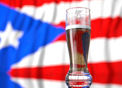 a glass of beer in front a Puerto rican. flag. 3D illustration rendering.