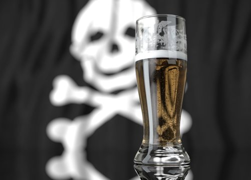 a glass of beer in front a pirate flag. 3D illustration rendering.
