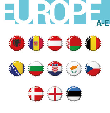 Vector set of 13 bottle cap flags of Europe (A-E). Set 1 of 4. Albania, Andorra, Austria, Belarus, Belgium, Bosnia and Herzegovina, Bulgaria, Croatia, Cyprus, Czech Rep, Denmark, England, Estonia.