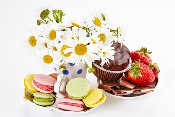 Camomiles in vase, macaroons on saucer with strawberry and choco