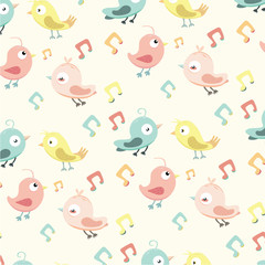 Cute pattern with small birds and music note. Spring vector background in pastel colors.Pattern can be used for wallpapers, pattern fills, web page backgrounds, surface textures. 