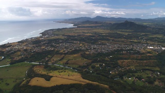 High view of coastline at Kapaa with Wailua River in foreground, Hawaii. Shot in 2010.
