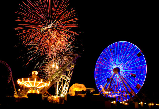 Fireworks explosions in the night sky above the amusemant pier in Wildwood, New Jersey