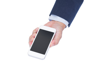 Businessman hand holding mobile phone isolated on white backgrou