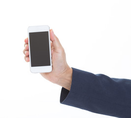 Businessman hand holding smartphone on white background