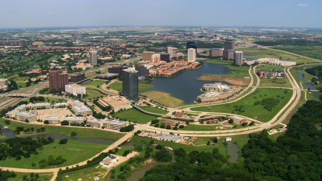 Flying over Las Colinas in Irving, a suburb of Dallas, Texas
