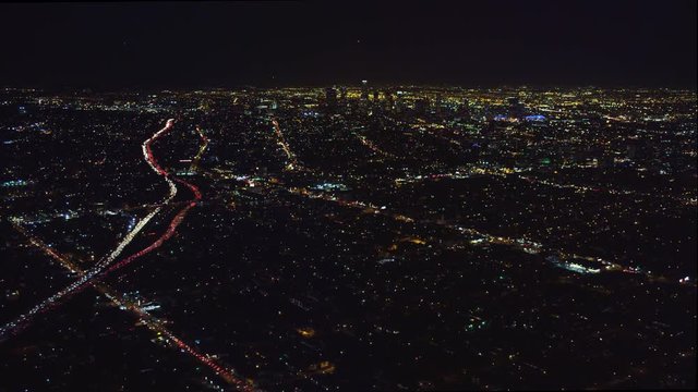 Flying over Los Angeles traffic at night. Shot in 2010.