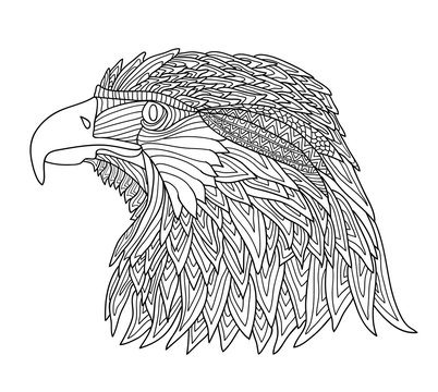 Coloring Book for Adults and children. Brutal eagle with zentangle patterns. Hand-drawn. Black and white illustration. Adult coloring books. Totem of native american