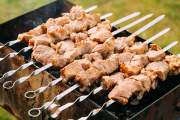 Grilled Marinated Caucasus Barbecue Meat Shashlik Shish Kebab Pork Meat Grilling On Metal Skewer.