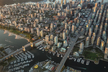 Aerial Photography of Downtown Vancouver on a Hazy sunny sunset.