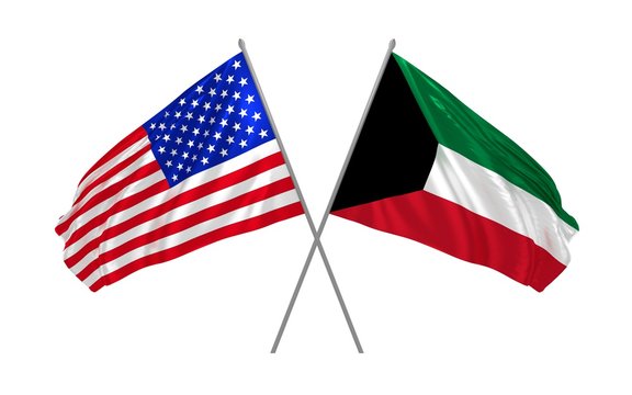 3d illustration of USA and Kuwait flags waving in the wind