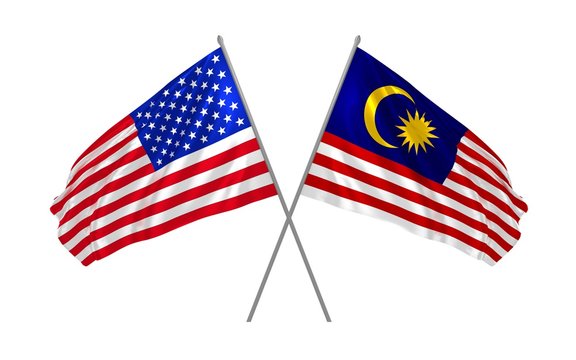 3d illustration of USA and Malaysia flags waving in the wind