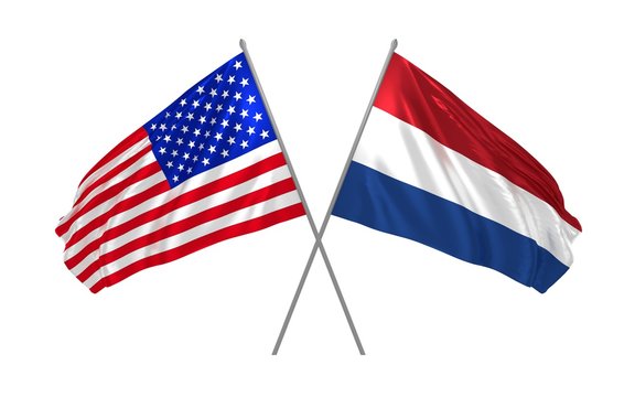 3d illustration of USA and Netherlands flags waving in the wind