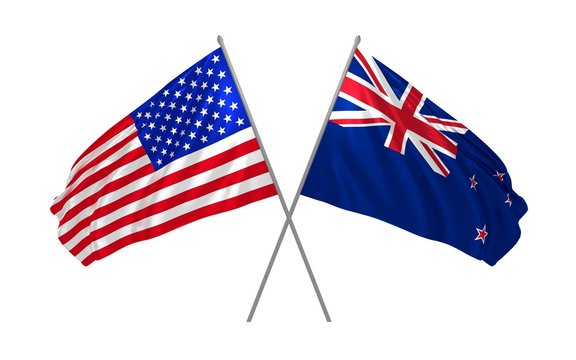3d illustration of USA and New Zealand flags waving in the wind