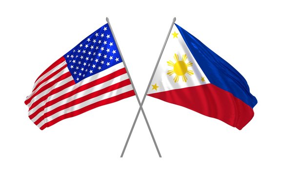 3d illustration of USA and Philipines flags waving in the wind