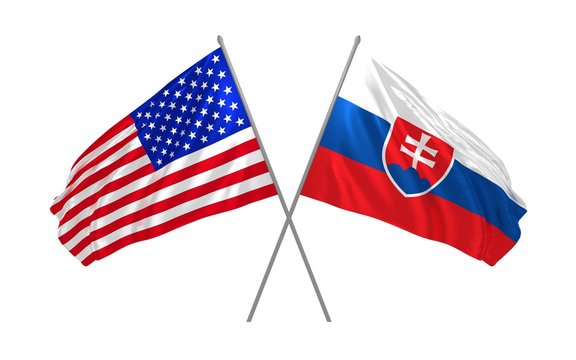 3d illustration of USA and Slovakia flags waving in the wind