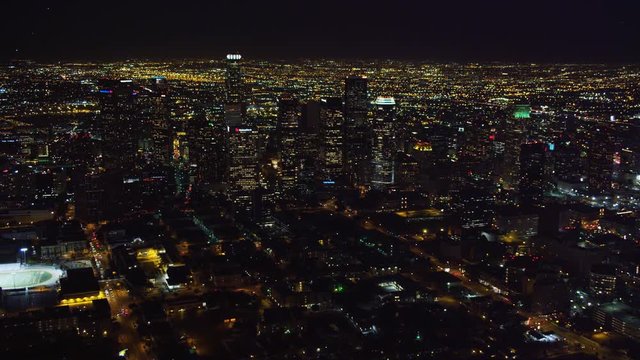 Over downtown Los Angeles at night. Shot in October 2010.