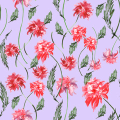     Watercolor pattern from a vintage, red, pink flowers, leaves. Figure Peony, Rose, Dahlia 