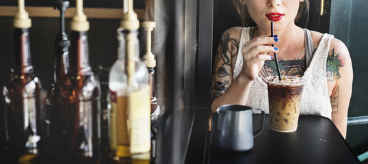 Young Woman Drinking Coffee Coffeeshop Concept