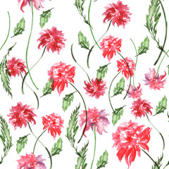 Watercolor pattern from a vintage, red, pink flowers, leaves. Figure Peony, Rose, Dahlia