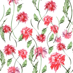Foto auf Acrylglas Watercolor pattern from a vintage, red, pink flowers, leaves. Figure Peony, Rose, Dahlia © helgafo
