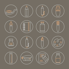 Collection of line style stationery icons on grey background