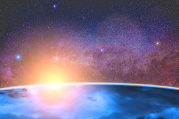 Fototapeta na wymiar Planet on starry background with sunrise over horizon. 