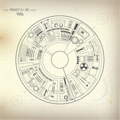 abstract futuristic background, technological eye drawing, technological blueprint