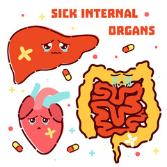 Cute unhealthy internal organs icon set made in cartoon style. Liver, heart, intestine cartoon characters. Human body organs anatomy icon. Medical concept. Vector illustration.

