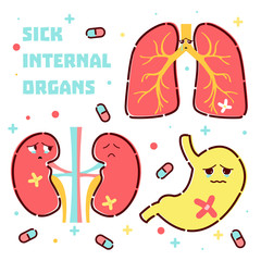 Cute sick internal organs icon set made in cartoon style. Lungs, kidneys, stomach cartoon characters. Human body organs anatomy icon. Medical concept. Vector illustration.

