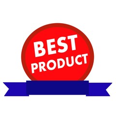 best product white wording on Circle red background ribbon blue