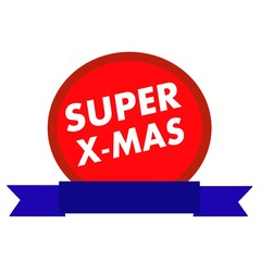 super Xmas white wording on Circle red background ribbon blue