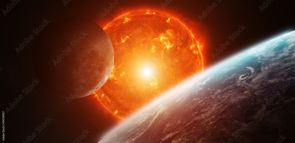 Poster Exploding sun in space close to planet