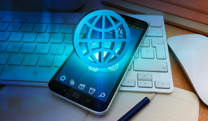 Blue web icon over mobile phone