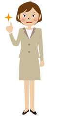 ベージュのスーツの女性　指さし　ひらめき