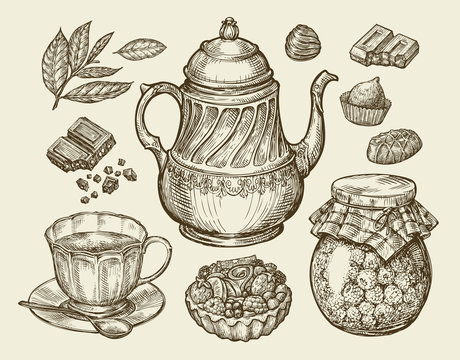 Food, tea, dessert. Hand drawn vintage teapot, kettle, cup, raspberry jam, chocolate, candy, fruitcake, pastry. Sketch vector illustration