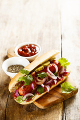 Hot dog with pickled cucumber and onion
