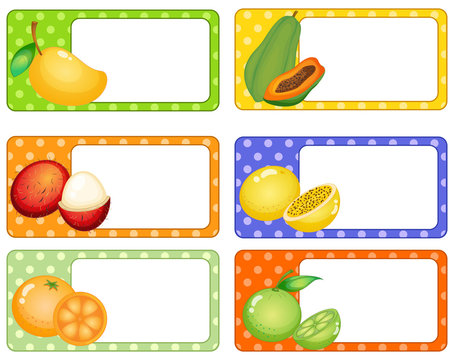 Square labels with tropical fruits