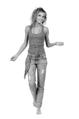 colorless full length picture of a casual young woman standing
