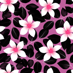 Fototapeta premium Tropical pink hibiscus flowers with black leaves seamless patter