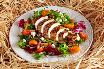 Grilled Chicken Breast fillet with fresh tomatoes vegetables salad. concept healthy food.