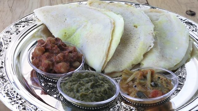 Indian food,  Dosa with Sambar with Channa Masala. Food background and texture.