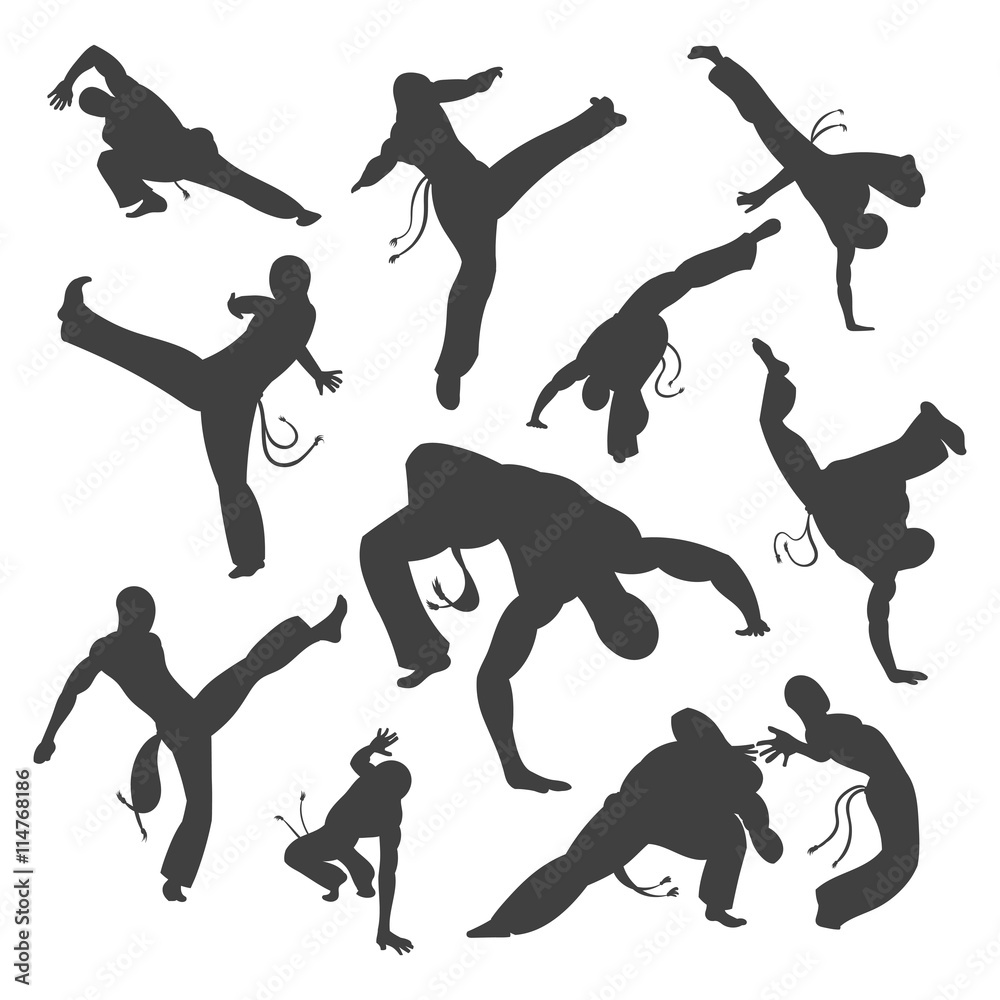 Wall mural Isolated black and white silhouettes capoeira dancer Isolated on white. illustration set for design