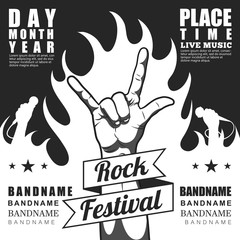 Black and white Rock festival poster, with rock n roll sign and fire.
