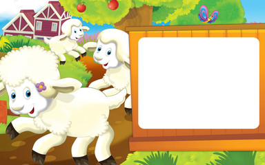Fototapeta premium Cartoon farm scene with cute animal - sheep - illustration for children