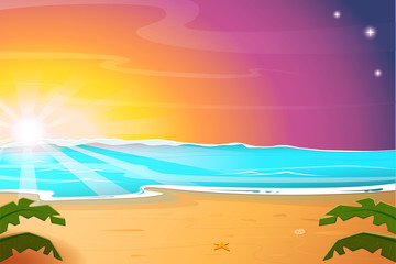 Fototapeta na wymiar Hot Summer Sunrise on the beach. Summer landscape. illustration