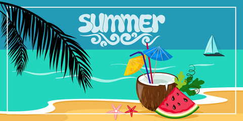 Summer background, vector illustration on the beach with waves, clouds and a palm leaves, a boat on the horizon, and in the foreground in a coconut cocktail , seaside view poster. Vector illustration