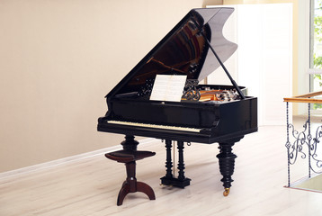 Beautiful black piano in the light room
