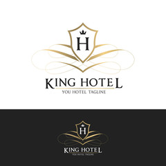 King Hotel logo, Brand identity for hotel and resort. Design with crest and H letter symbol